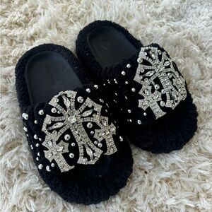 Rhinestone Embellished Black Slippers